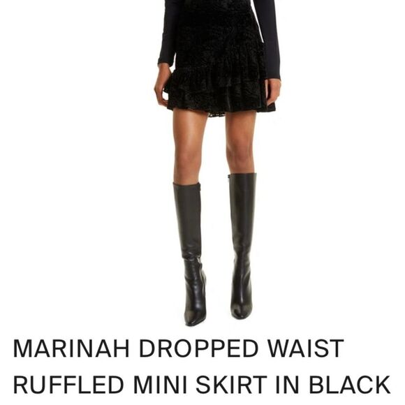 Ted Baker London Marinah Dropped Waist Ruffled Black Velvet Mini Skirt- Size 2 - Picture 2 of 6